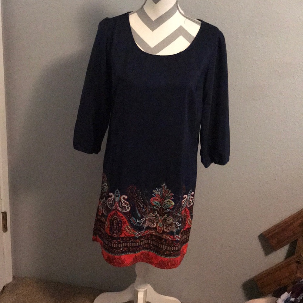 Navy blue silky dress.